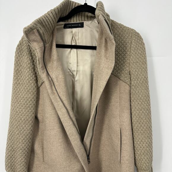 Zara wool parka coat size small tan knit sweater details full zip long high neck - Picture 3 of 8